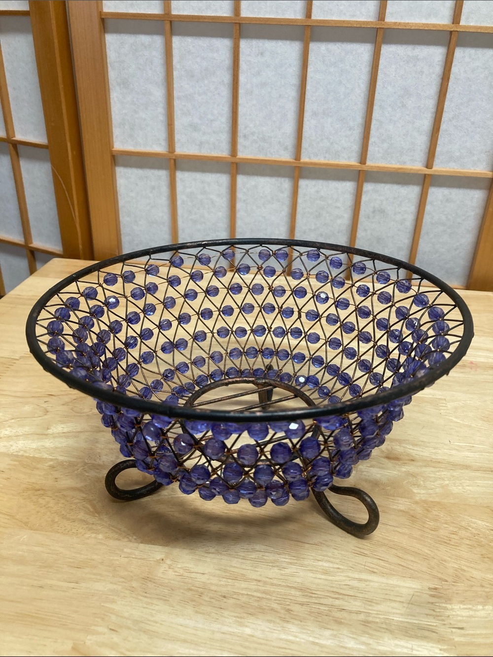 Vintage Purple Beaded Wire Footed Fruit Bowl Centerpiece Basket